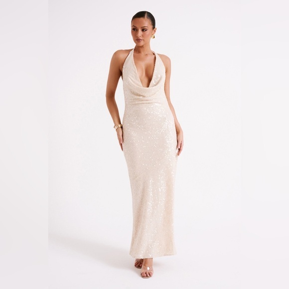 Meshki Cream Sequin Halter Maxi Dress